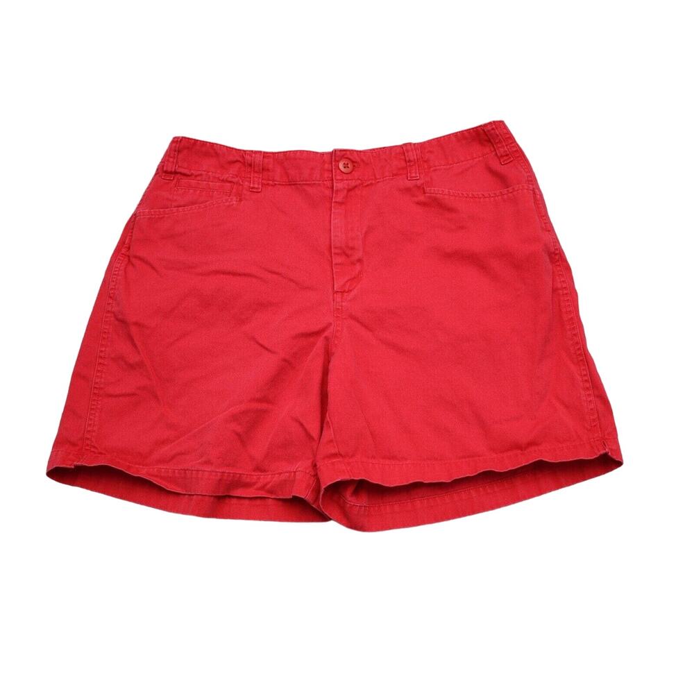 Essentials Shorts Womens 12 Red Solid High Rise Flat Front Button Chino